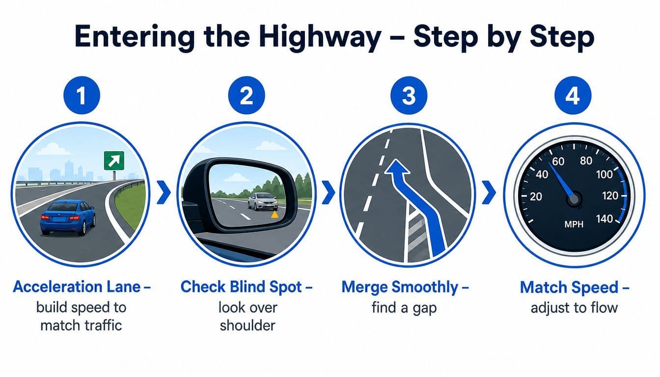 An infographic showing four steps for safely entering a highway, including accelerating, checking blind spots, and merging.