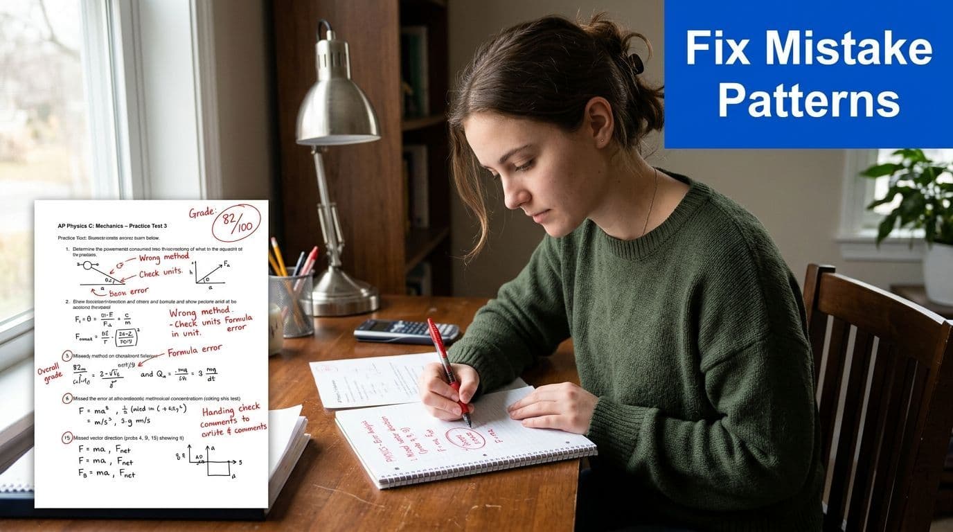 A student studying physics and analyzing their exam results with corrected notes at a wooden desk.