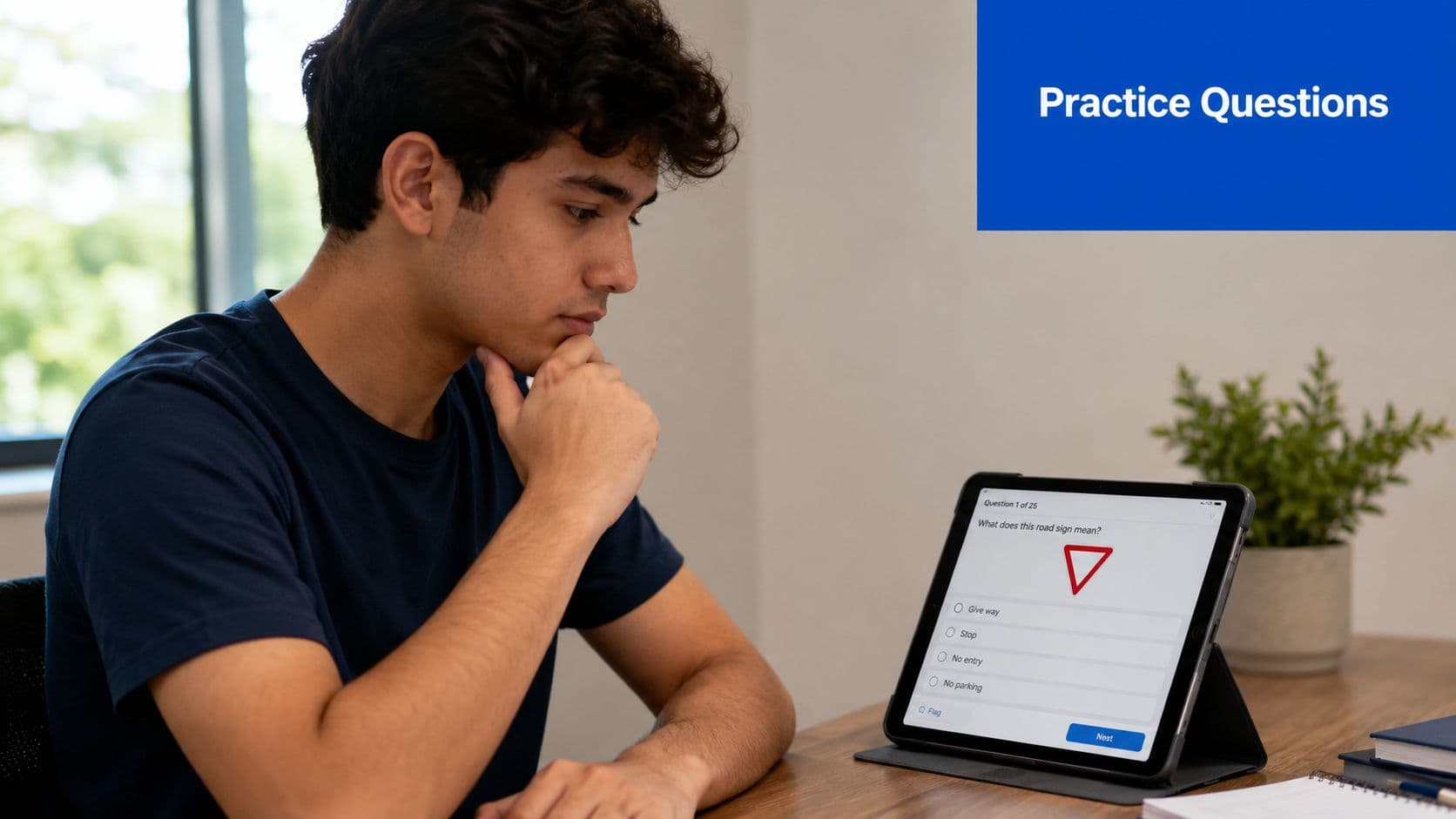 A young man studying for a driving test by answering traffic sign questions on a tablet.