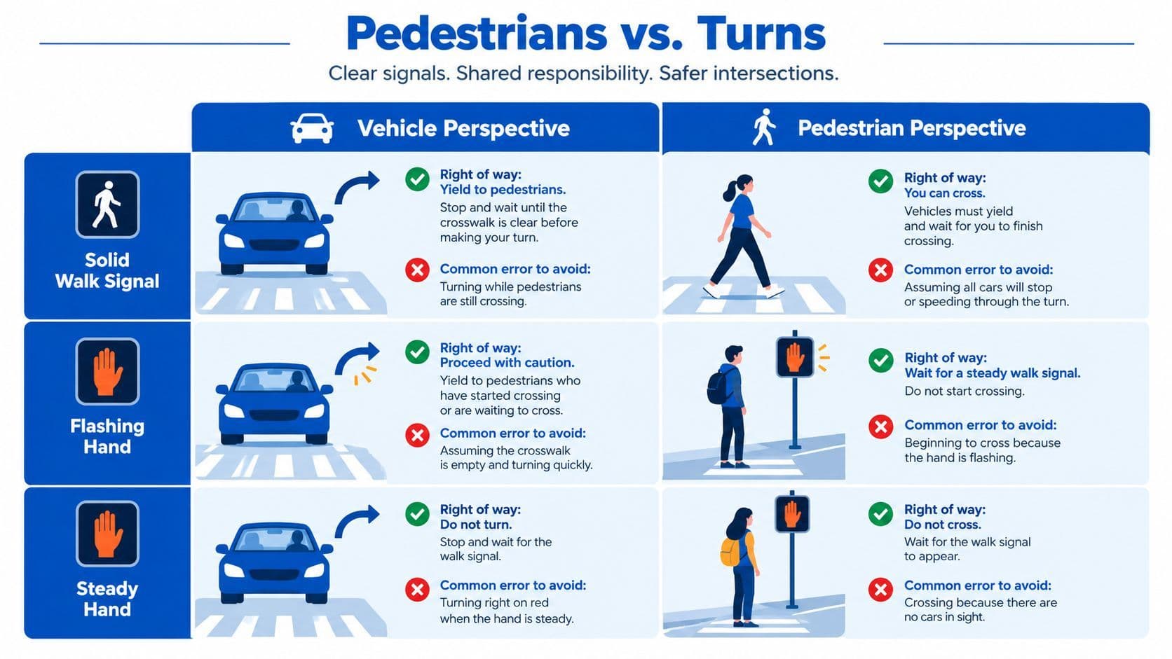 A chart explaining pedestrian and driver rights-of-way at intersections for solid and flashing signals for traffic safety.
