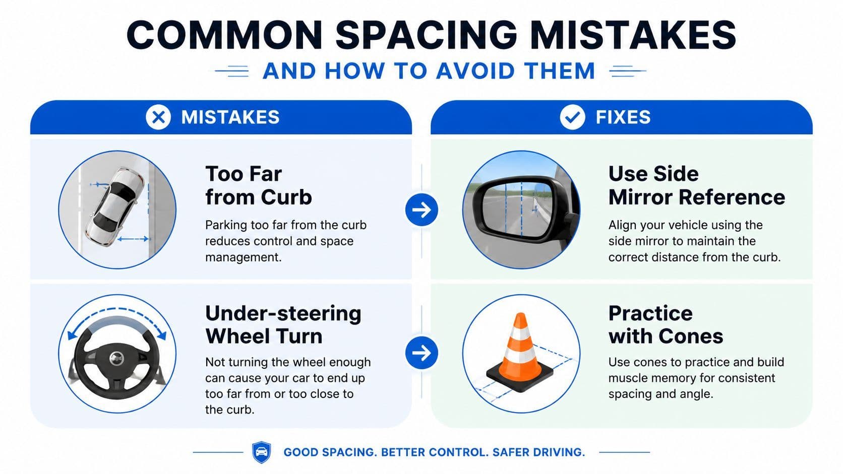 An infographic illustrating common parallel parking spacing mistakes and professional tips on how to avoid them.
