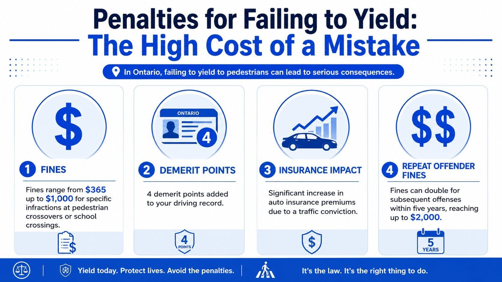 An infographic detailing penalties for failing to yield to pedestrians, including fines, demerit points, and insurance increases.