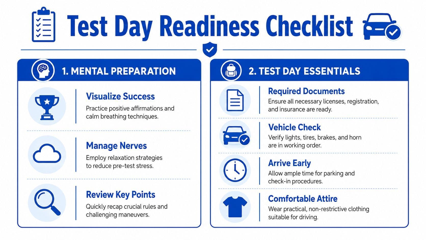 An infographic titled Test Day Readiness Checklist providing mental preparation tips and essential items for driving tests.