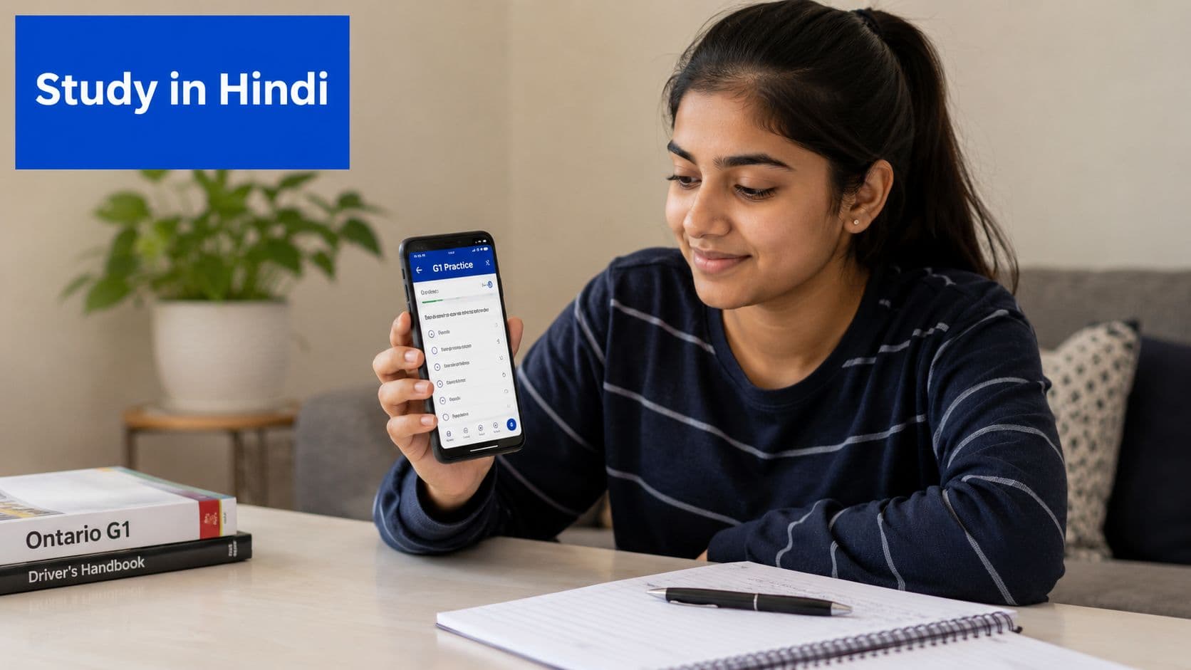 A young woman studying for the Ontario G1 driving test using a mobile practice app at home.