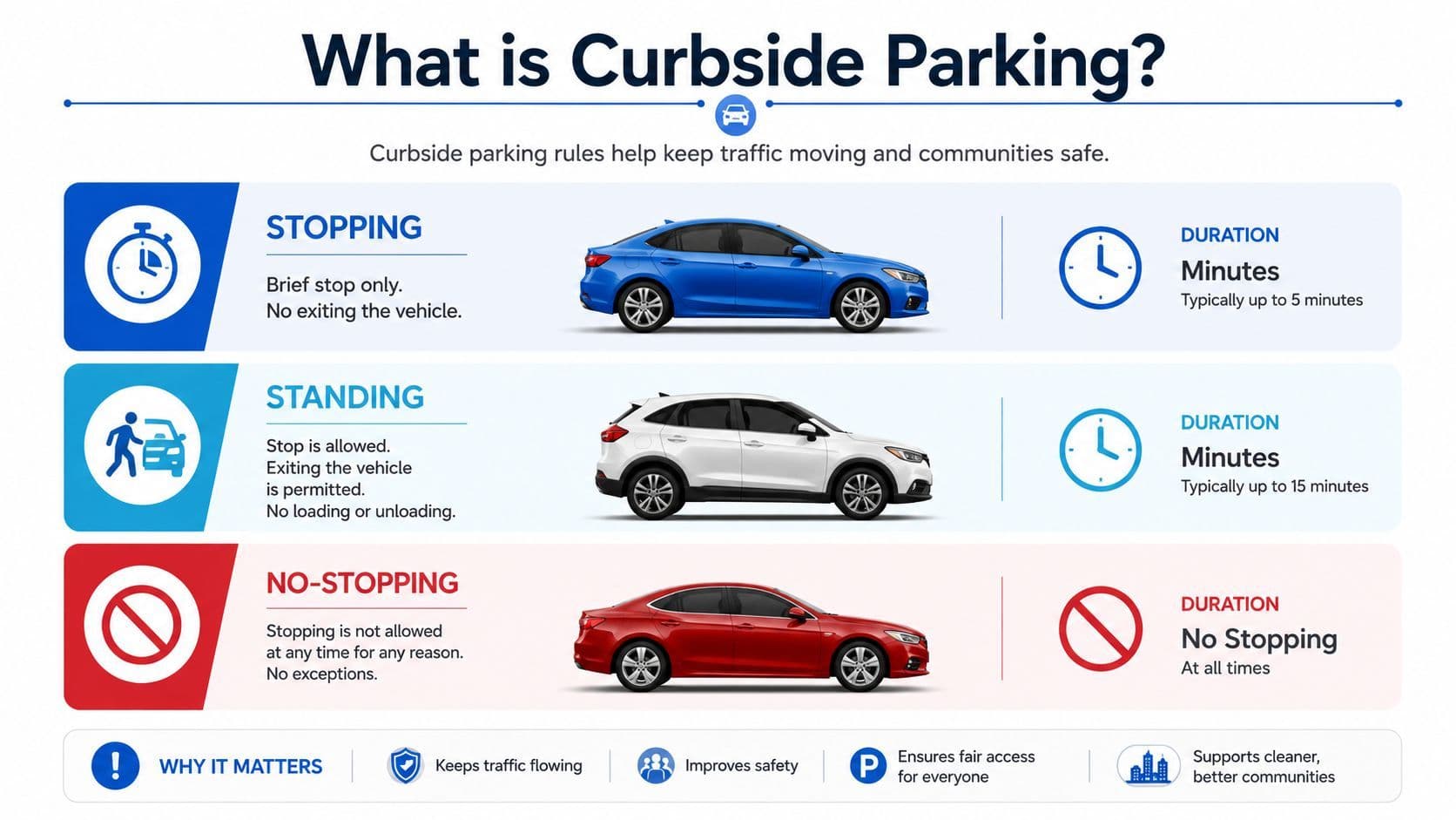 An infographic explaining the rules and durations for stopping, standing, and no-stopping in curbside parking areas.