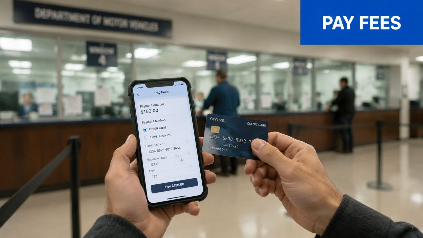 A person using a smartphone to pay renewal fees for a driving license at a DMV office.