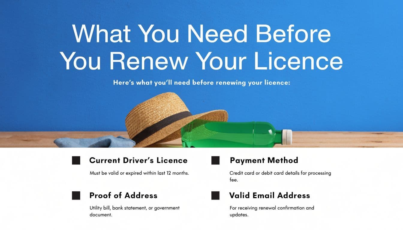 A list of requirements including a driver license, payment method, proof of address, and email for renewal.