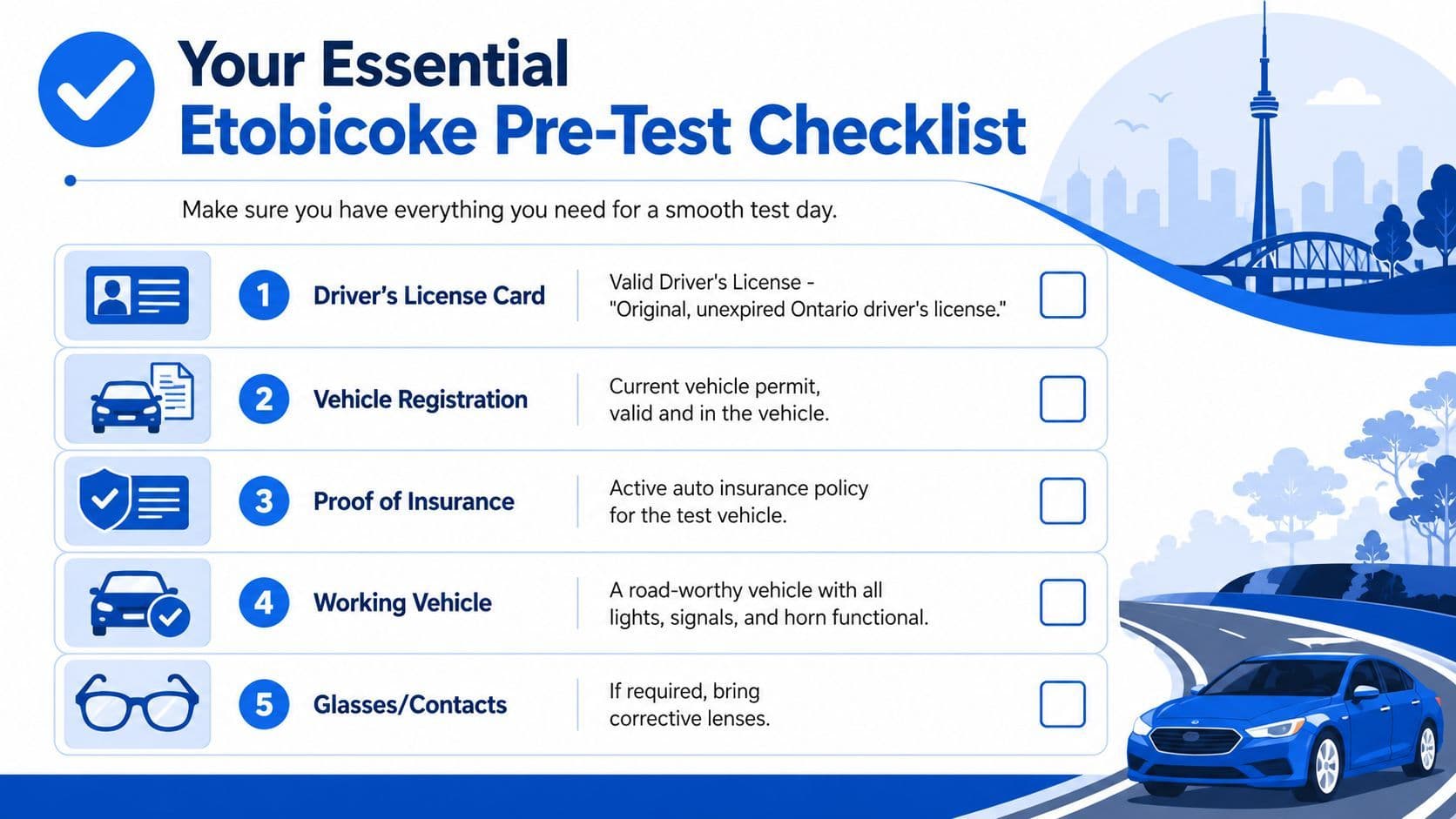 A checklist showing the five essential items required for a driving test at the Etobicoke centre.