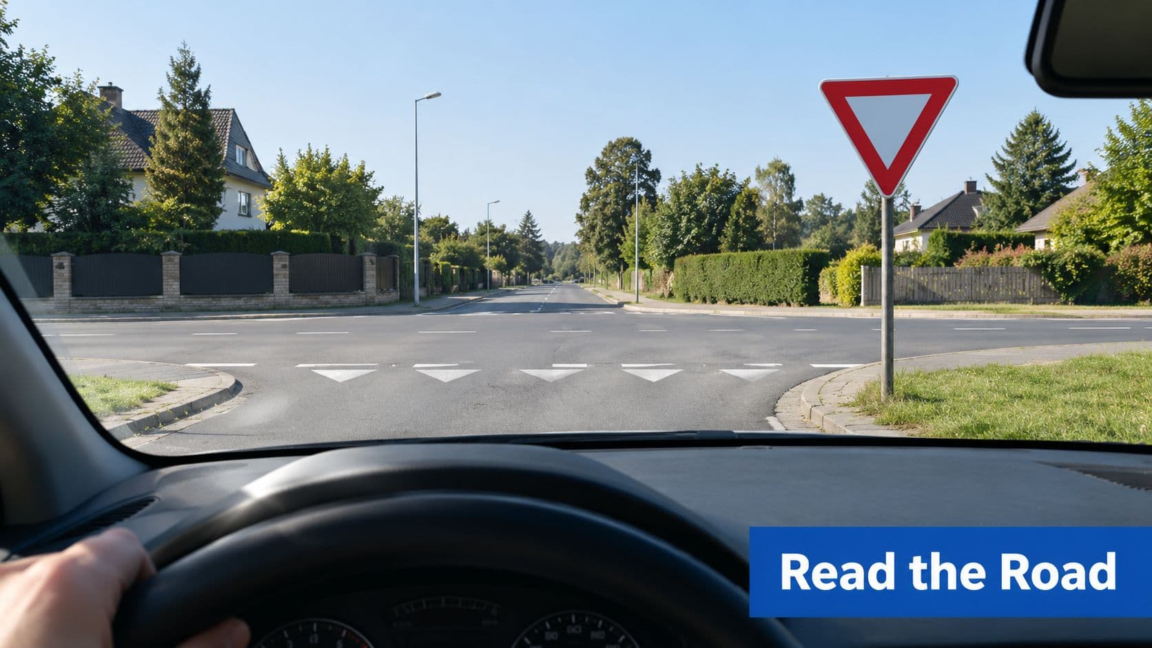 A view from inside a car approaching an intersection marked with a red and white yield sign.