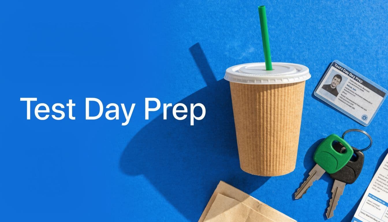 A flatlay on a blue background including a coffee cup, car keys, and test identification card.