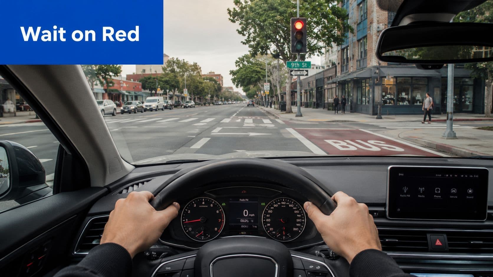 A driver's perspective from behind the wheel waiting at a red traffic light on a city street.