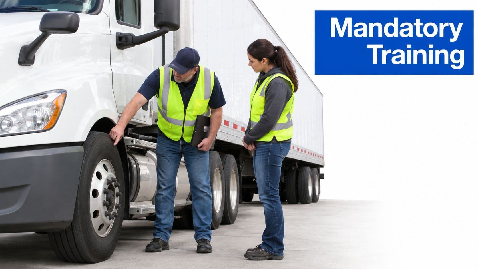 A professional instructor training a new driver on performing a safety inspection on a semi truck.