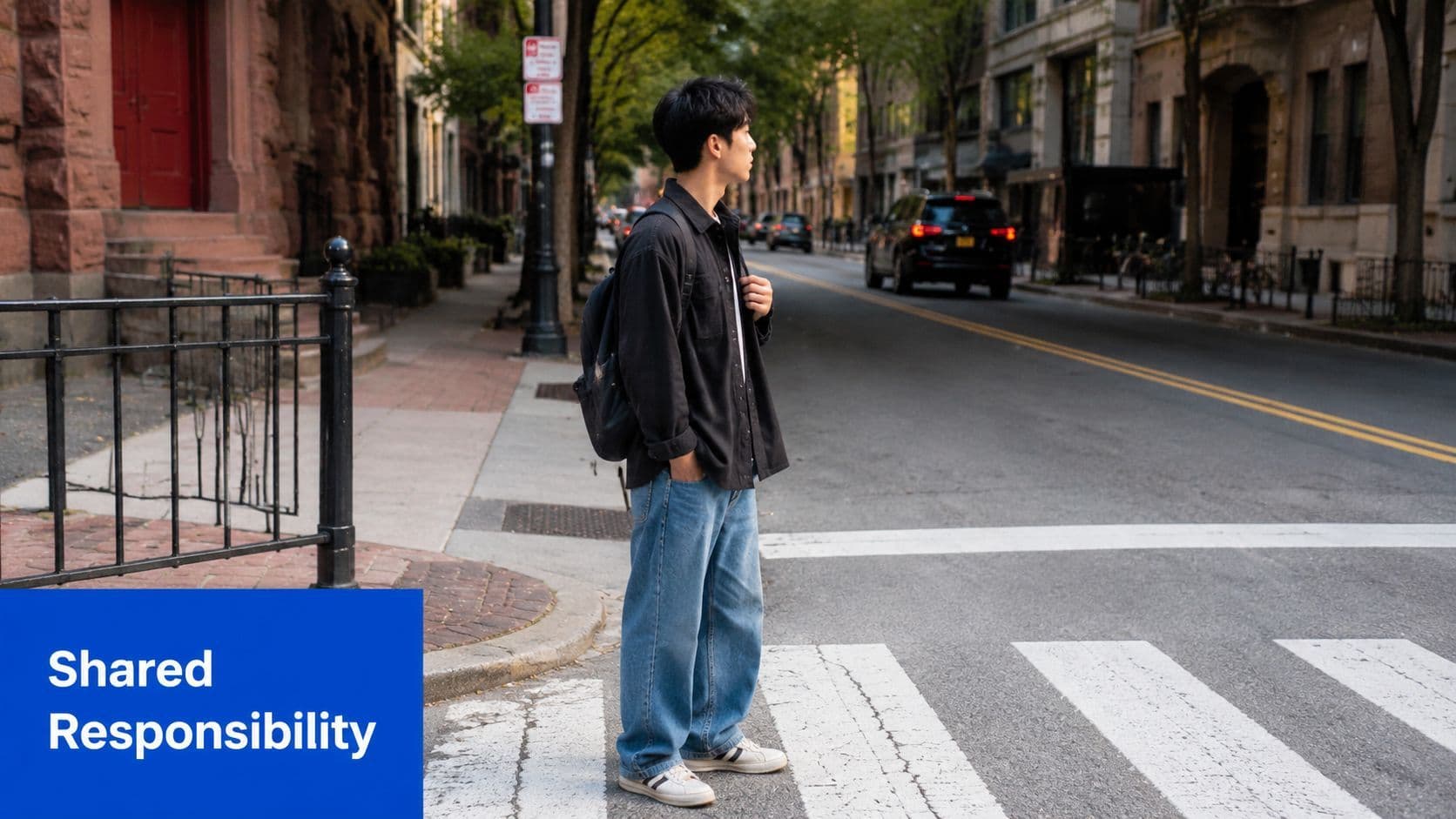 A young man standing on a crosswalk in a quiet city street, emphasizing safe pedestrian habits.