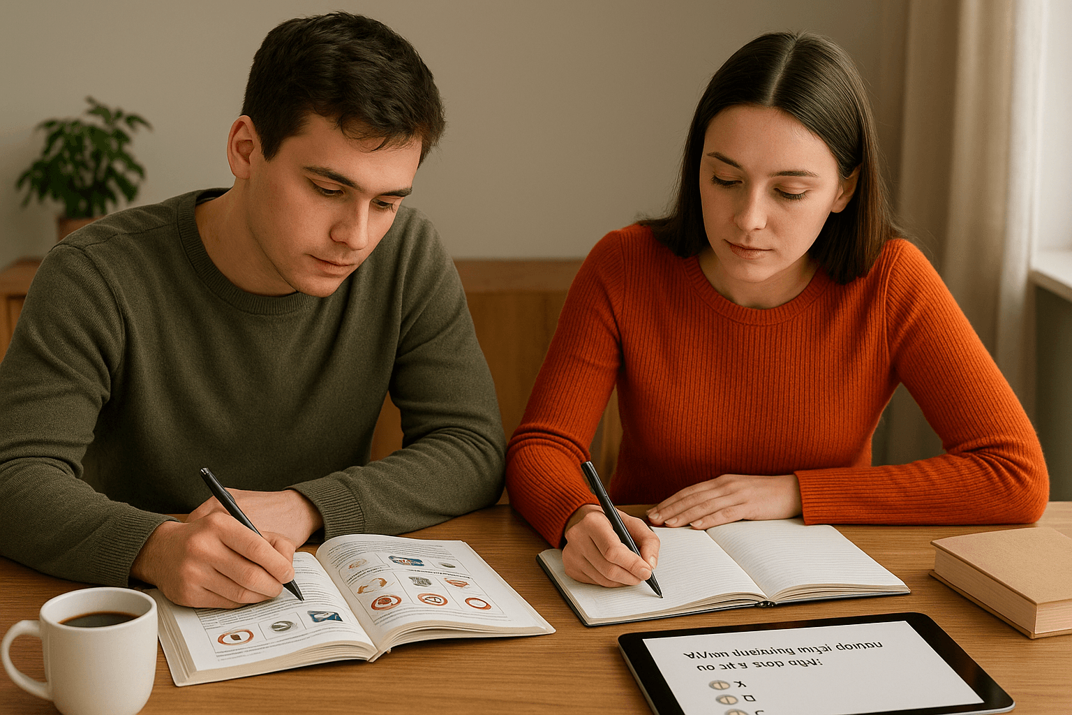 A young man and woman studying together at a wooden table for the Ontario G1 driving test, with open books showing traffic signs, a notebook, a tablet displaying a practice question, and a coffee mug nearby.