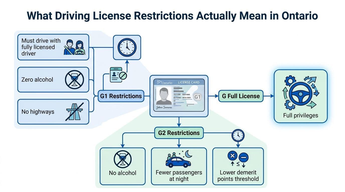 An infographic showing the various Ontario driving license restrictions for G1 and G2 license holders.