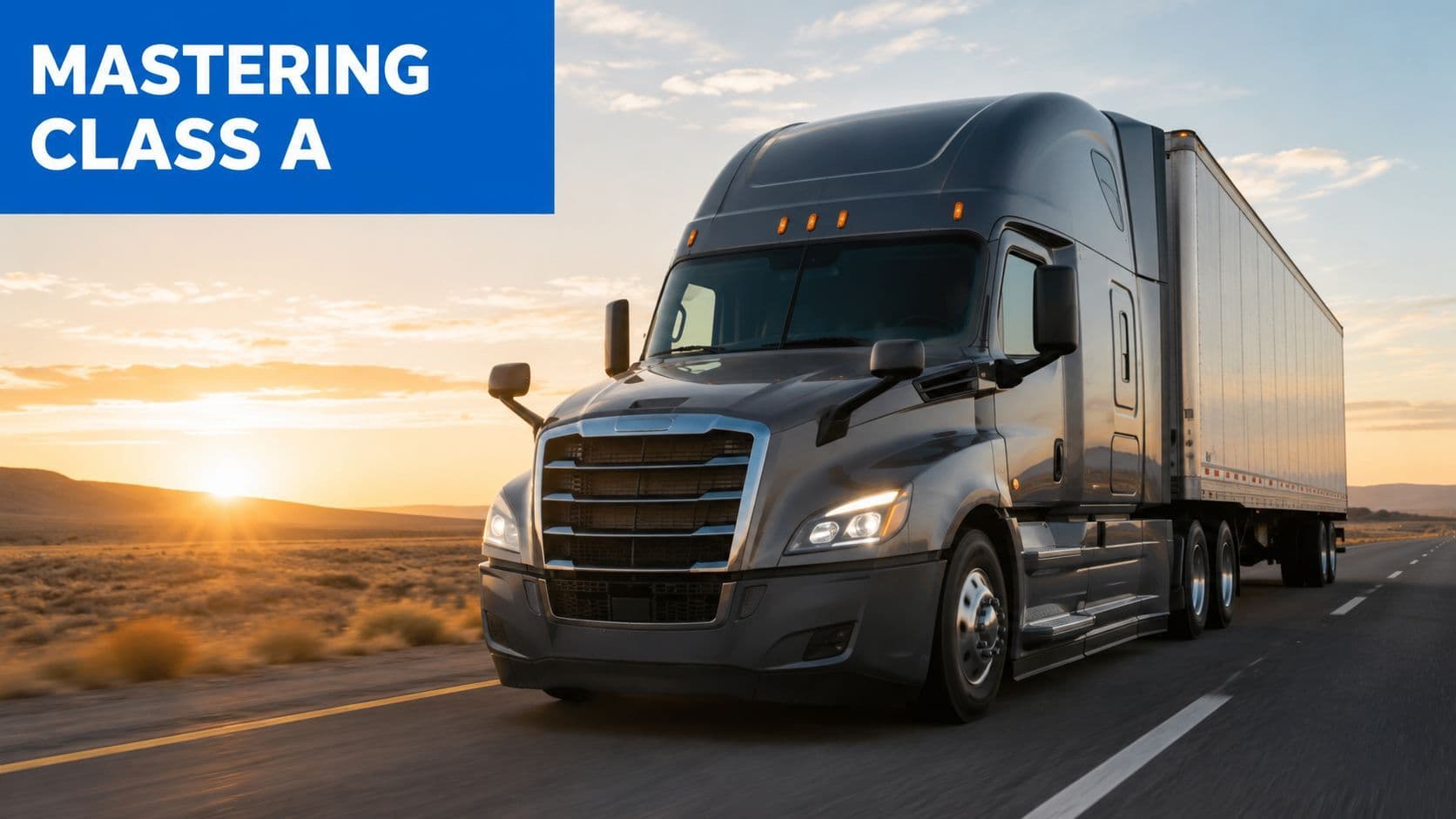 A modern semi-truck driving on a desert highway at sunset with the text Mastering Class A.