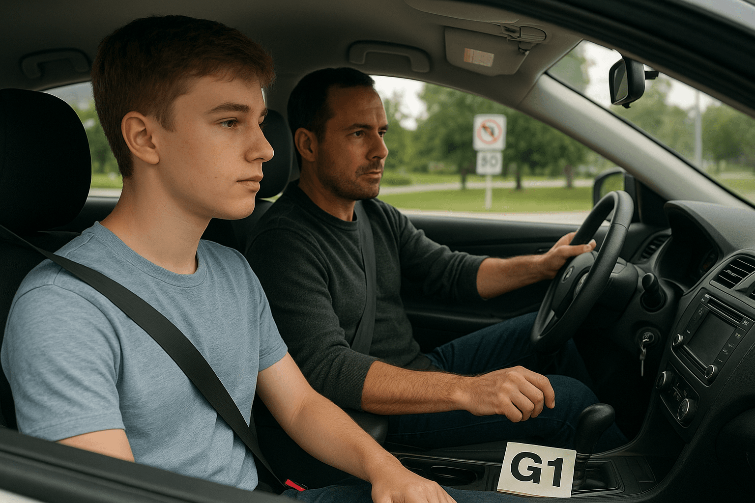 Young Ontario G1 driver sitting beside fully licensed supervising adult inside a car, illustrating G1 license restrictions and rules.