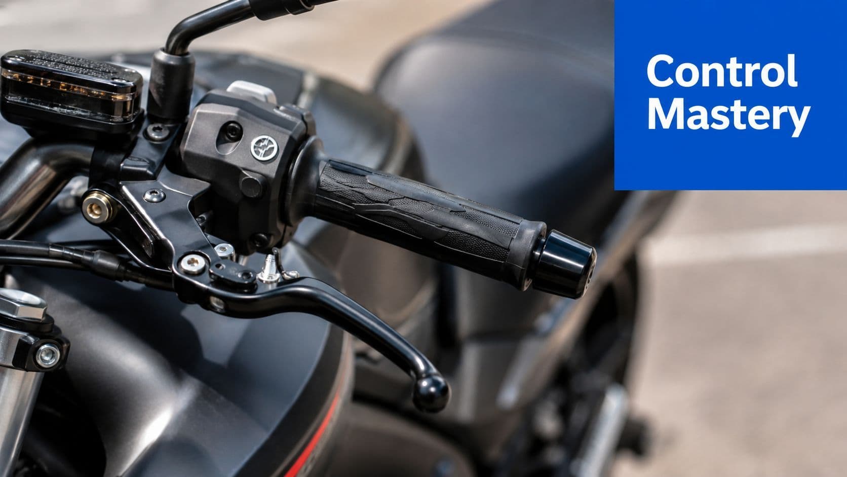 Close up view of a motorcycle handlebar grip and brake lever for training purposes.