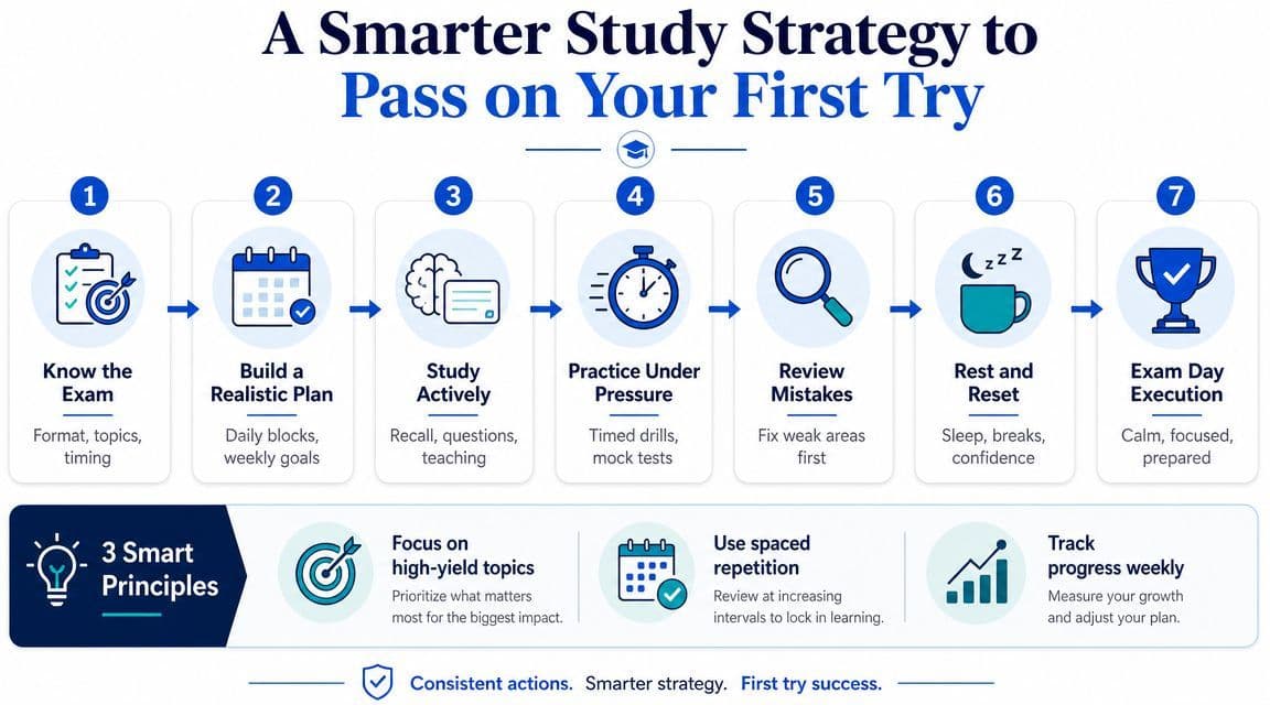 A seven-step visual guide outlining a smarter study strategy to successfully pass exams on the first attempt.