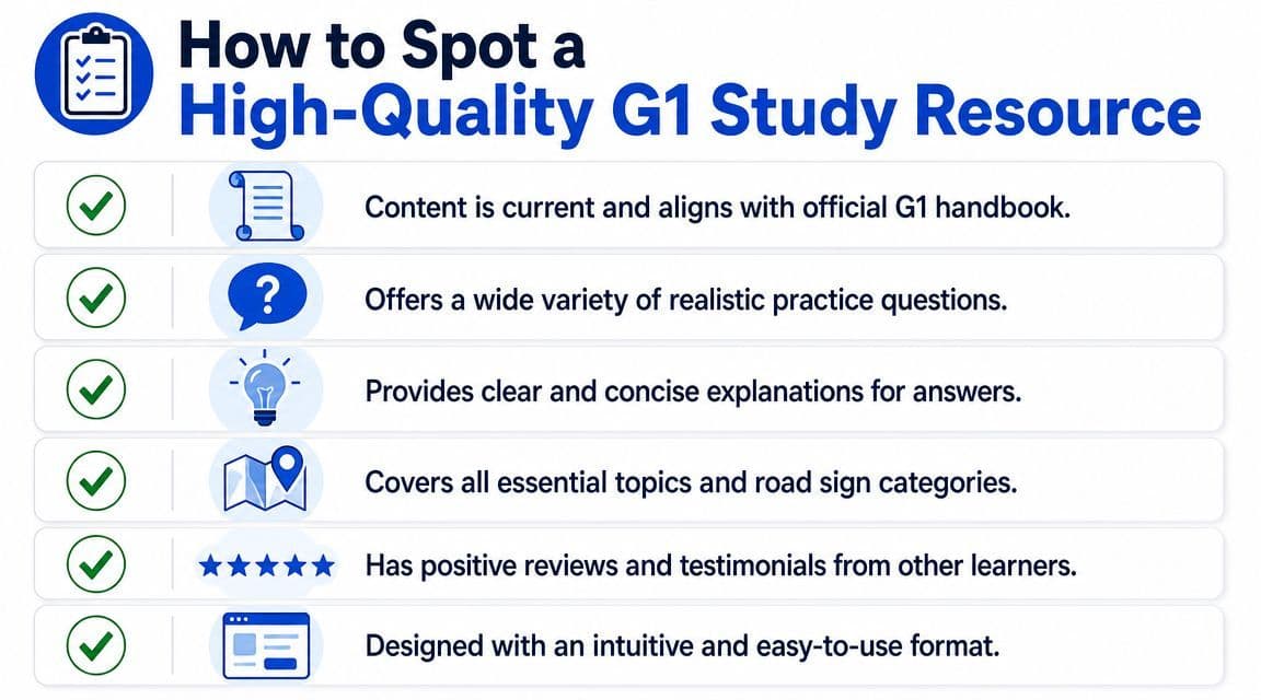 An infographic listing six criteria to identify high-quality G1 license study materials for learner drivers.