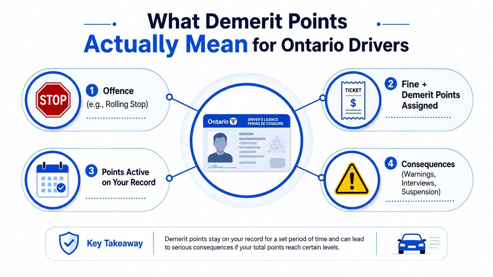 An infographic titled What Demerit Points Actually Mean for Ontario Drivers, outlining the four-step demerit point process.