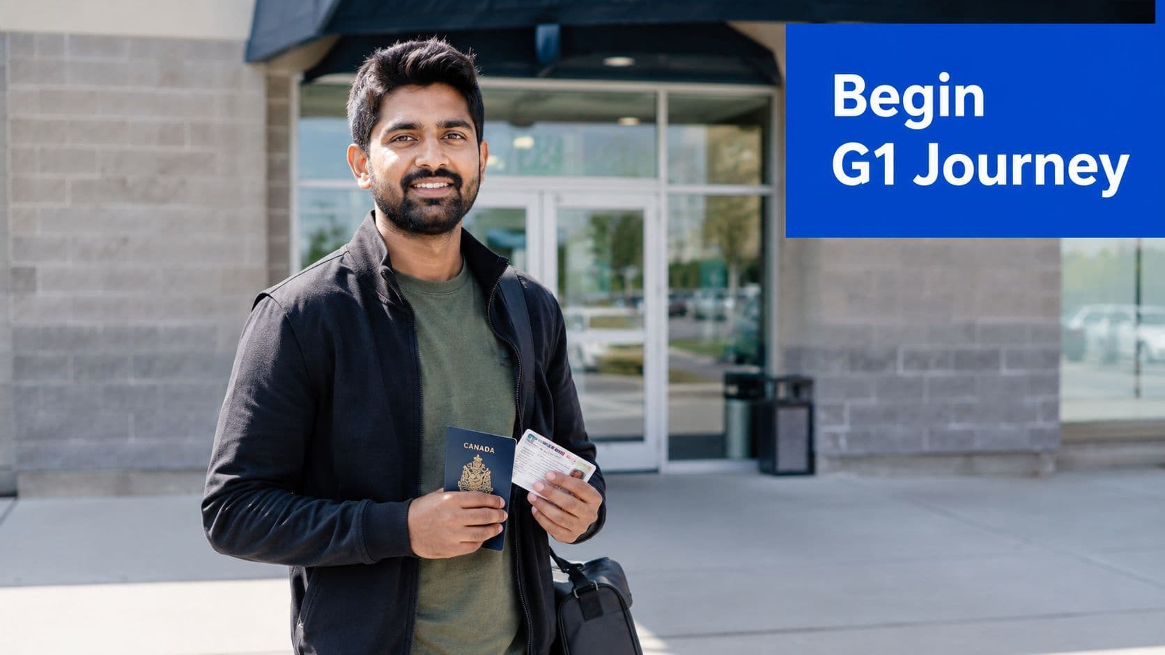 A young man holding a Canadian passport and identification card outside an Ontario driving test centre.