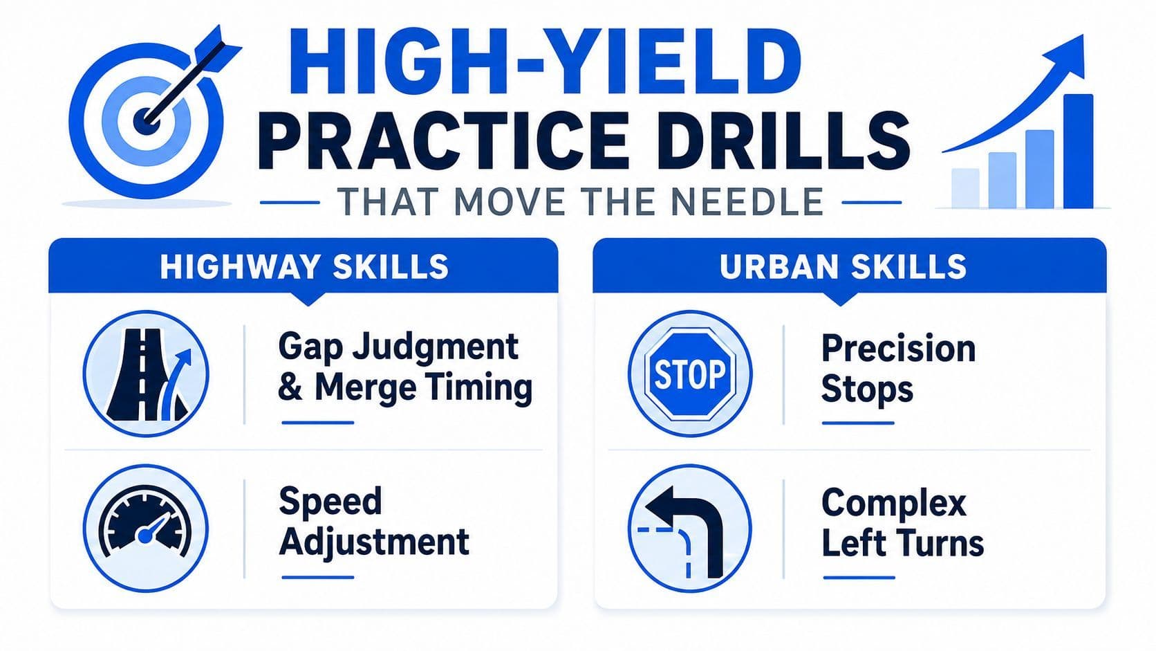 A graphic listing essential driving skills for highway and urban environments including merging, stops, and turn techniques.