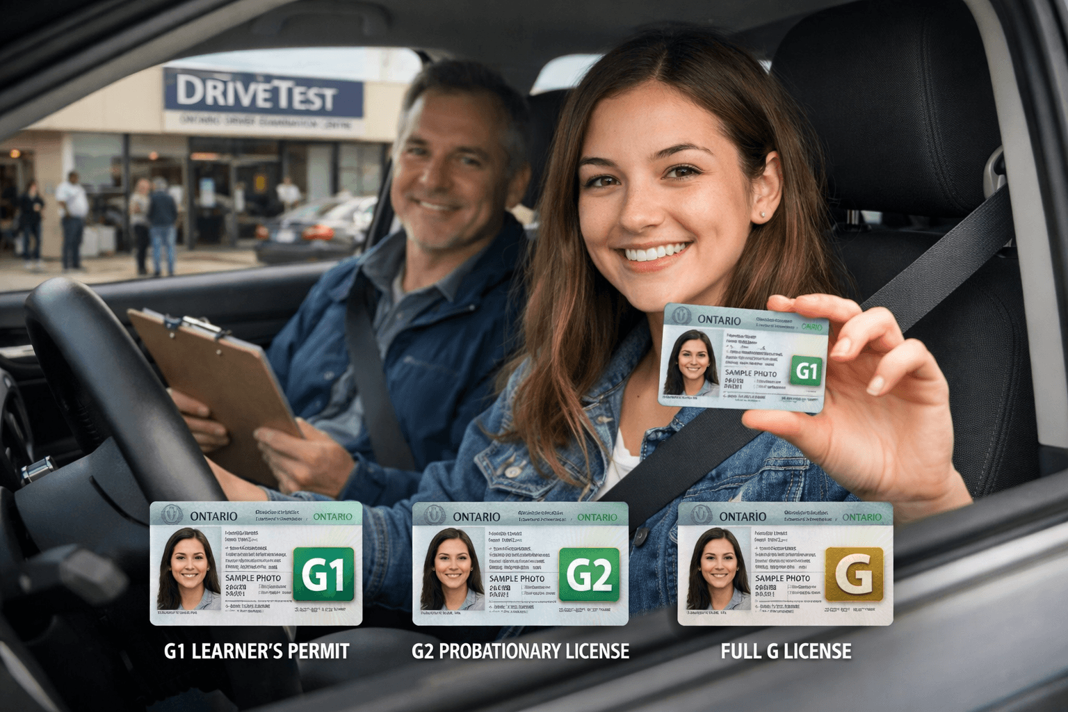 Ontario graduated licensing system showing G1, G2 and full G driver’s licenses progression at a DriveTest centre