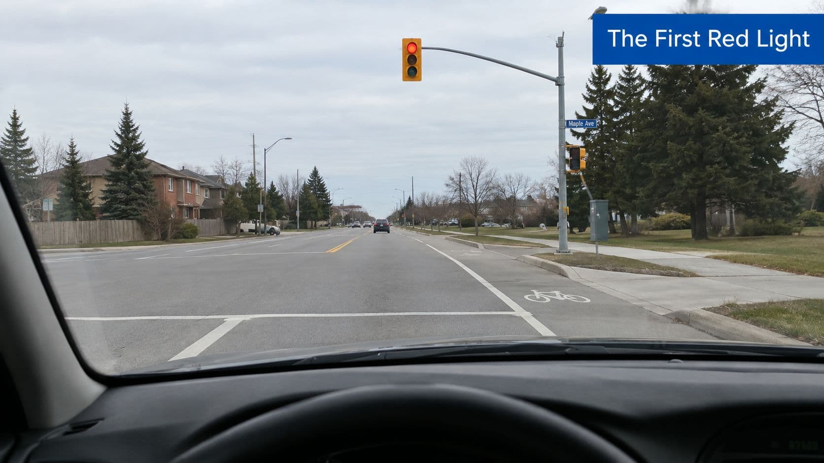 A view from inside a car stopped at a red traffic light on a suburban street.