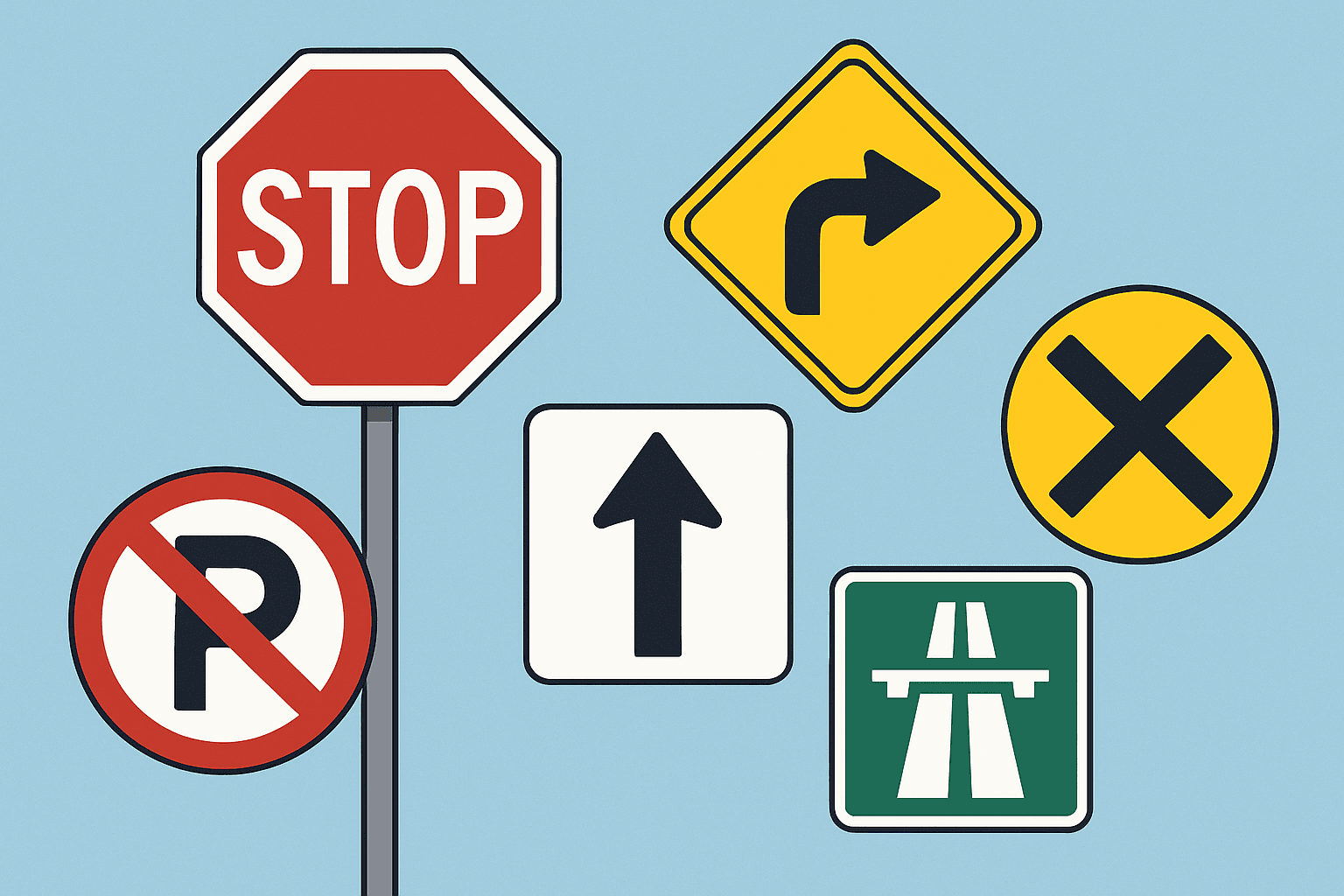 Illustration of common Ontario road signs used to prepare for the G1 driving test.