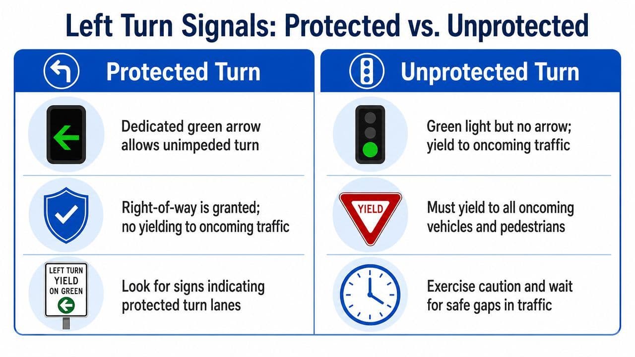 A visual guide comparing protected and unprotected left turn traffic signals and their respective right-of-way rules.