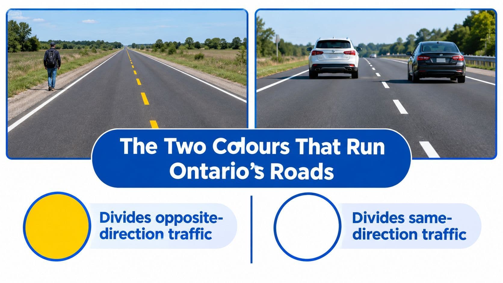 An infographic explaining that yellow road lines divide opposite-direction traffic while white lines divide same-direction traffic.