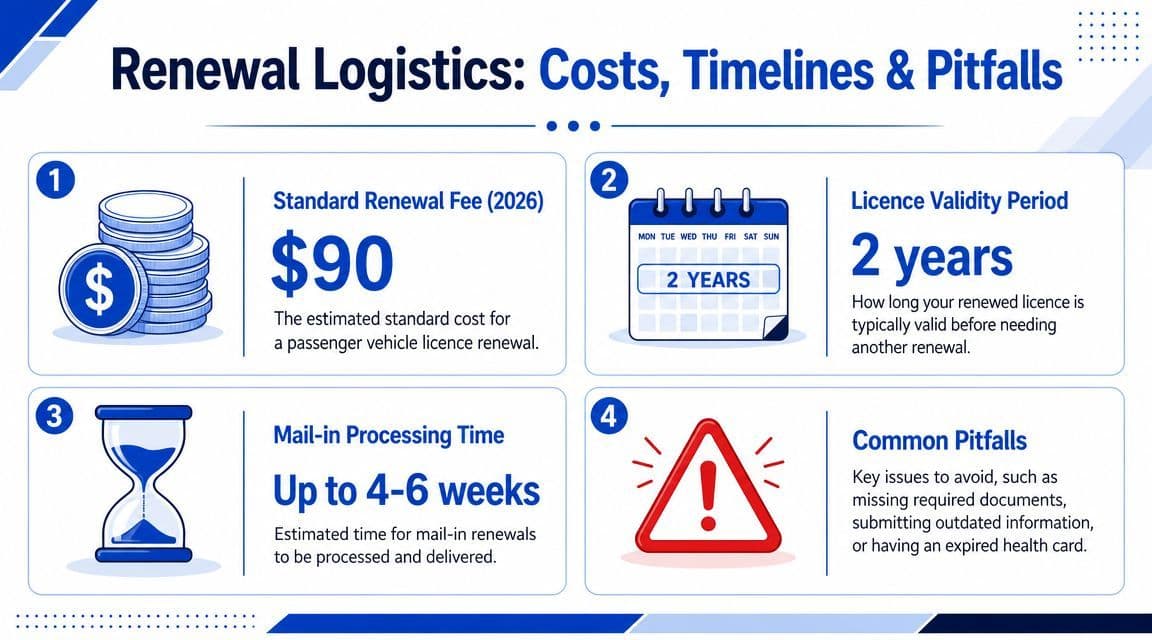 An infographic detailing the logistics of renewing a passenger vehicle license including costs, timelines, and potential pitfalls.