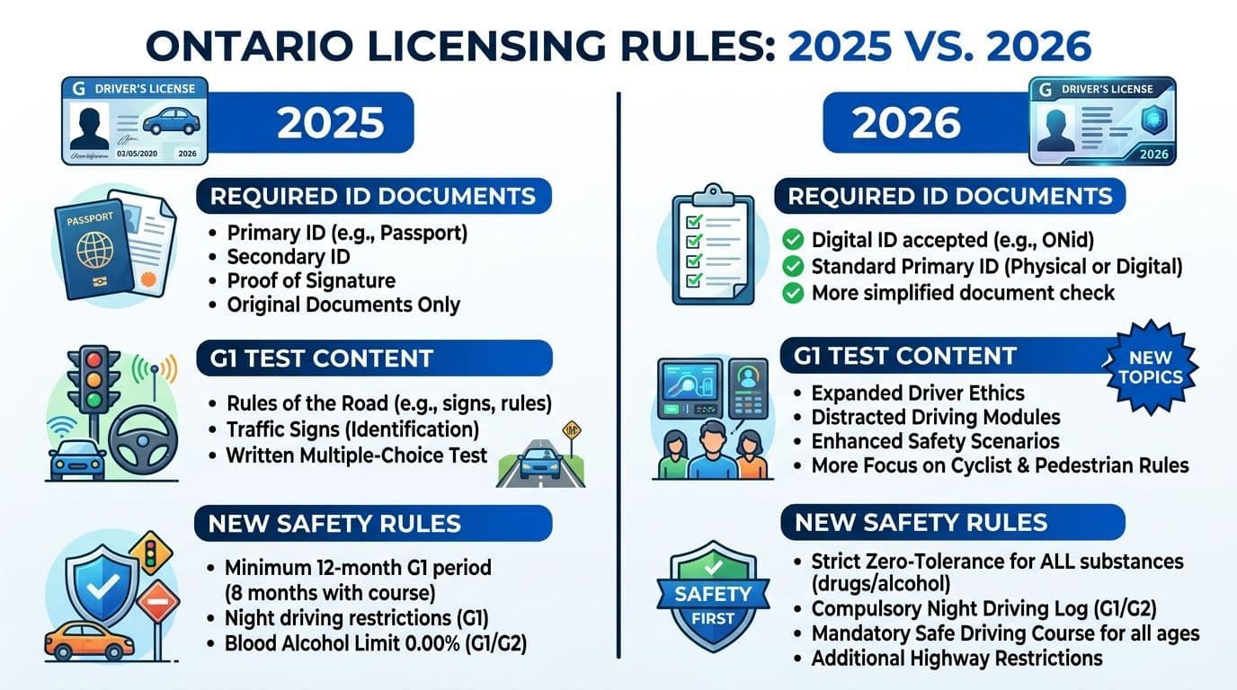 A comparison chart outlining changes in Ontario driver licensing rules between the years 2025 and 2026.