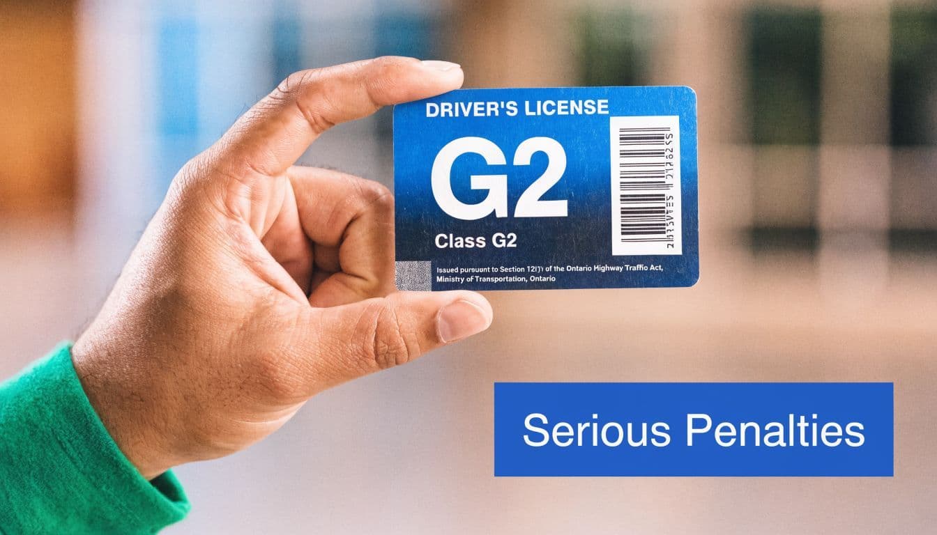A hand holding a blue Ontario G2 driver's license card against a blurred background with Serious Penalties text.
