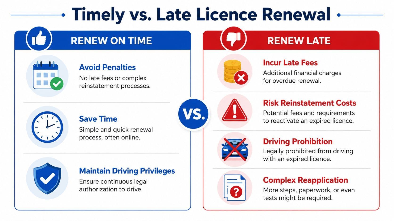 A comparison infographic showing the benefits of renewing a driving licence on time versus the risks of renewing late.