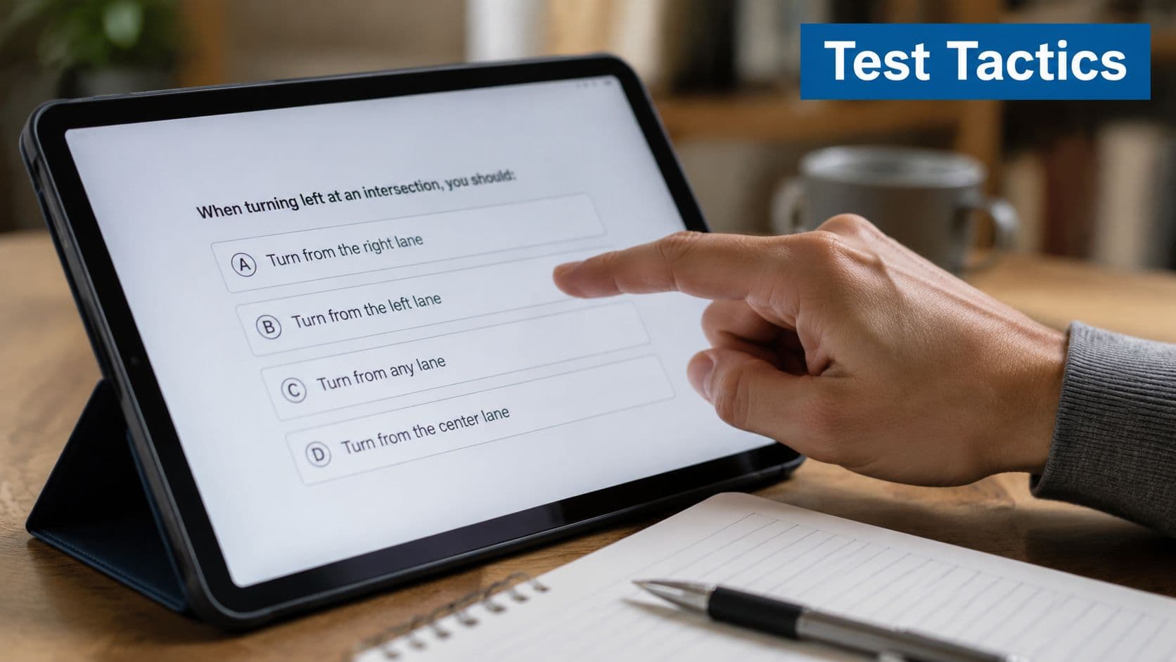 A person using a tablet to answer a practice question about left turns for a driving test.