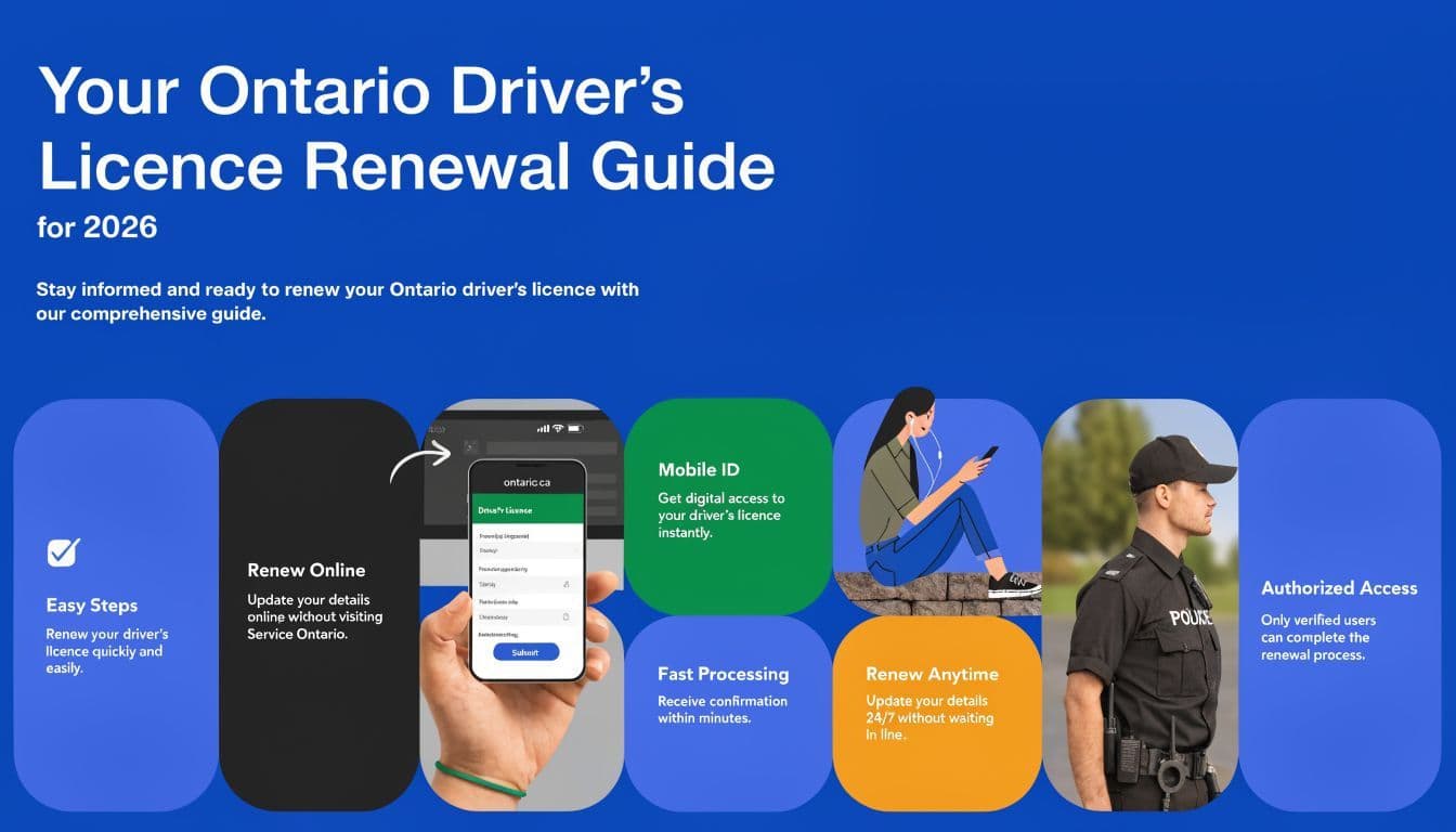 A digital guide for renewing an Ontario driver's licence online, featuring steps and security benefits.