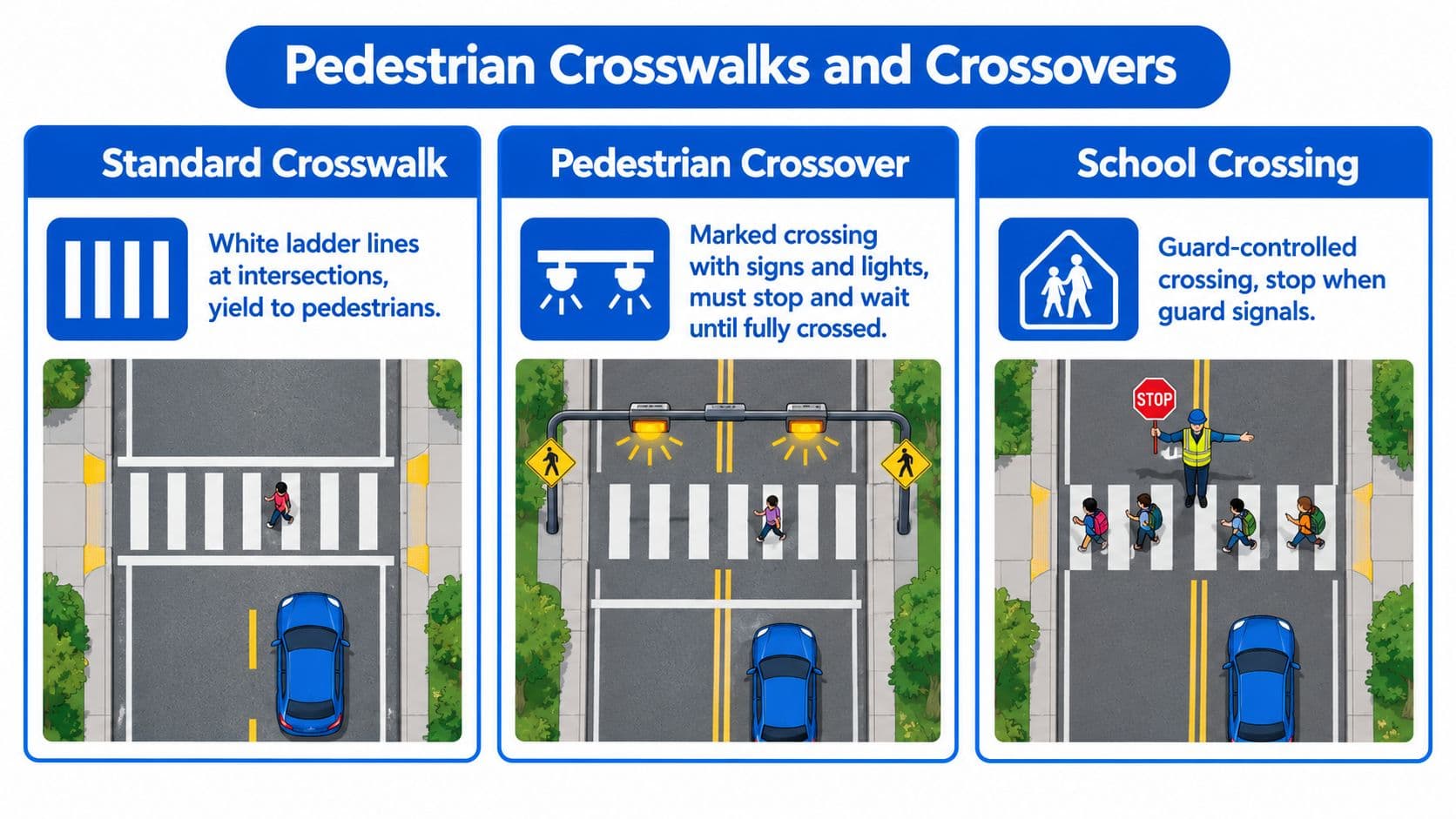 An infographic showing the differences between standard crosswalks, pedestrian crossovers, and school crossings in Ontario.