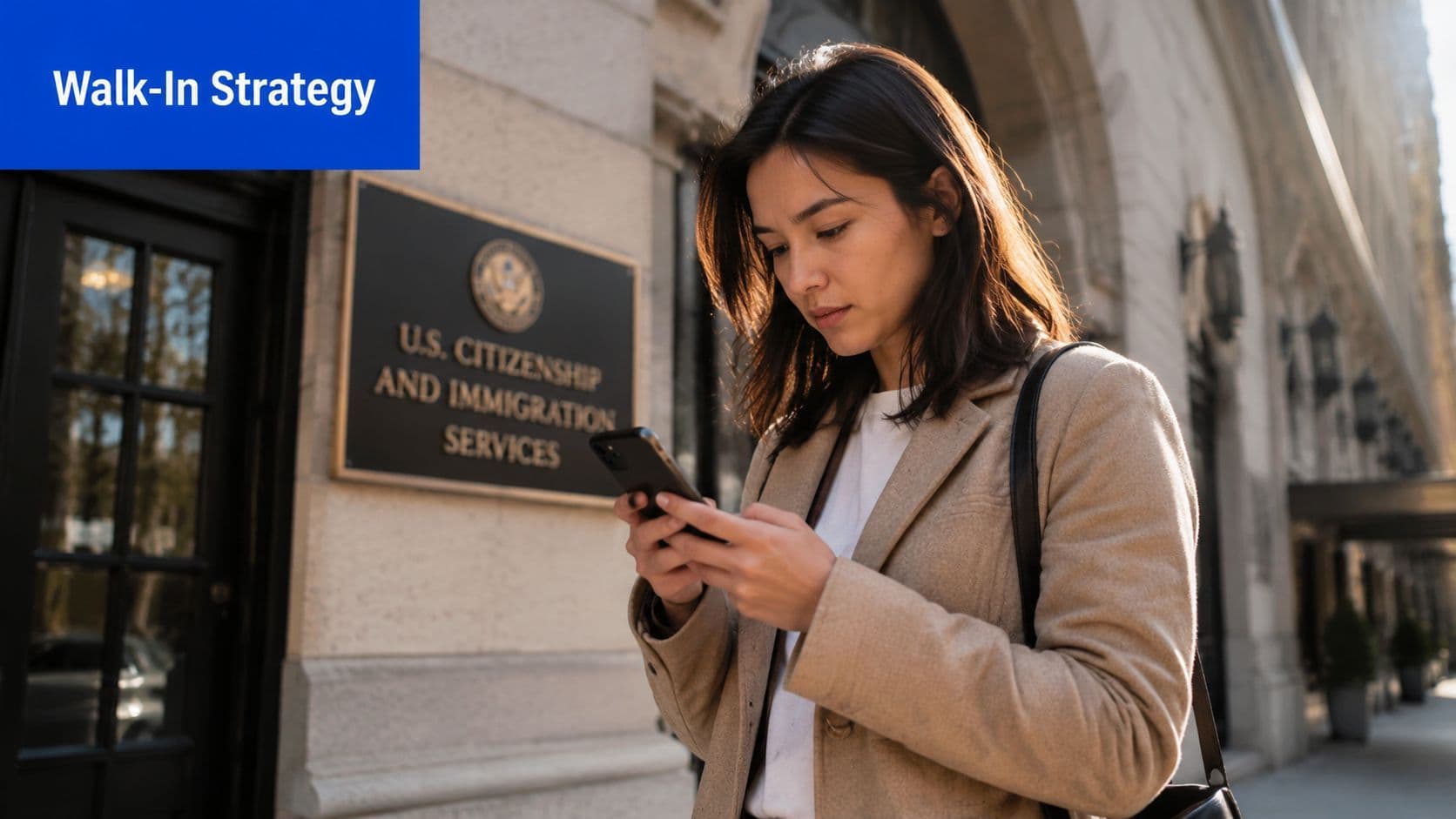 A woman stands outside a U.S. Citizenship and Immigration Services office checking her mobile phone.