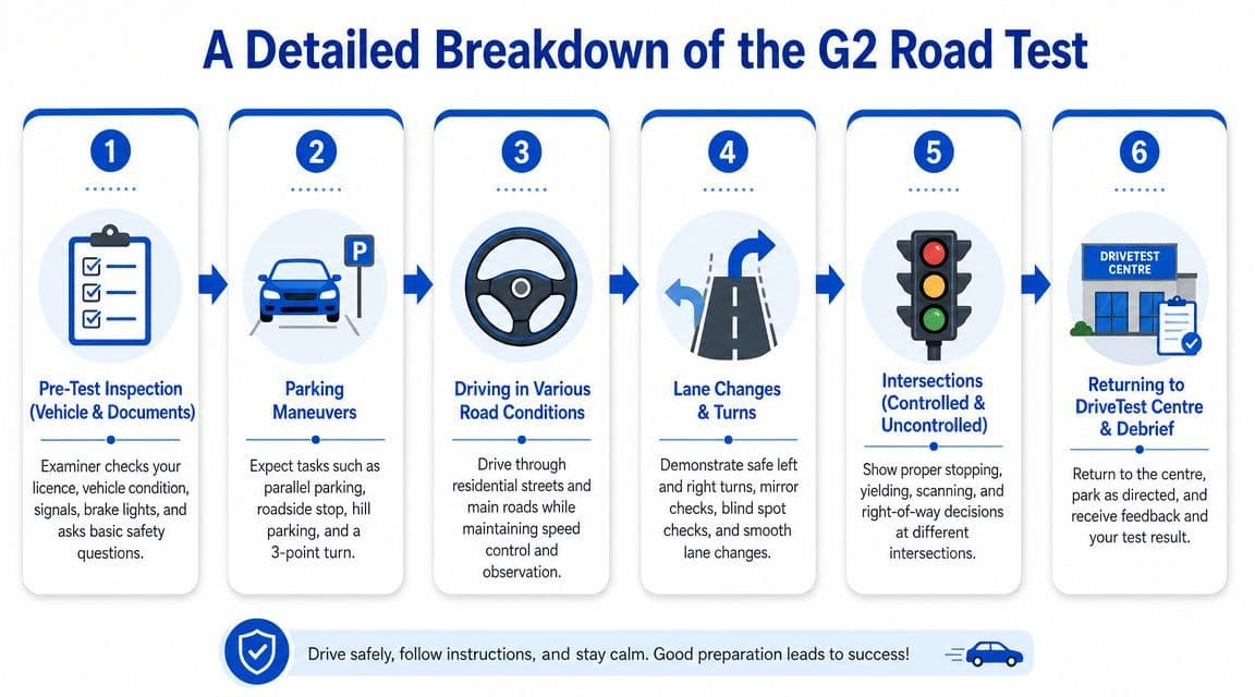 A detailed infographic showing the six steps of the G2 road test for new drivers.