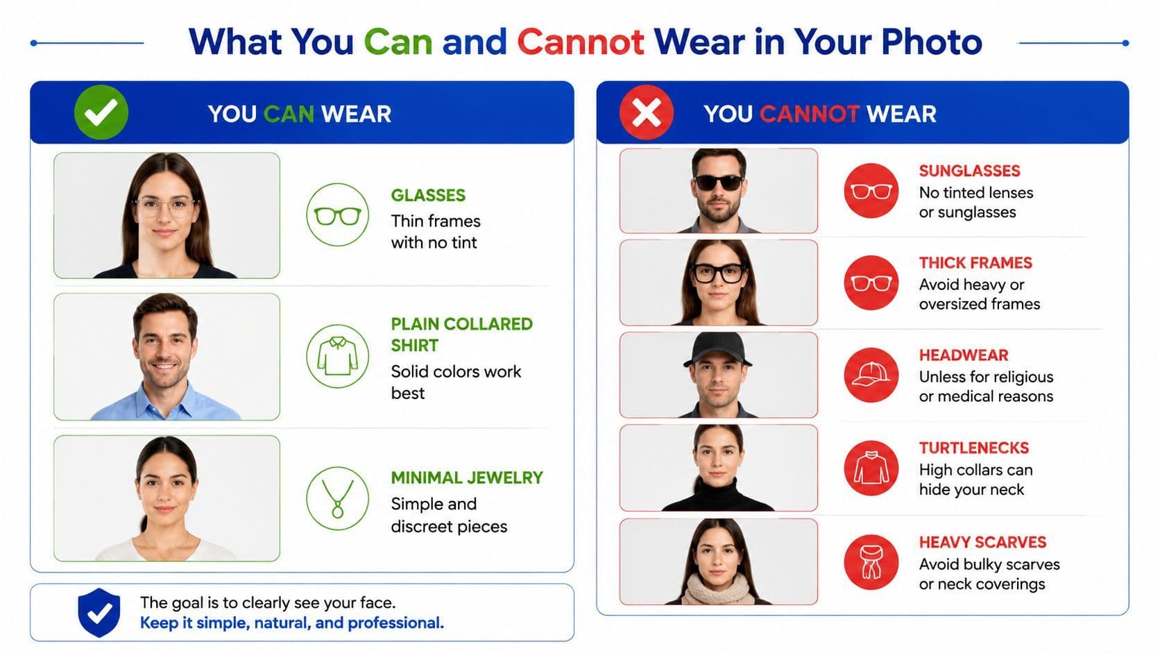 A visual guide illustrating acceptable and unacceptable clothing and accessories for an official identification photo.