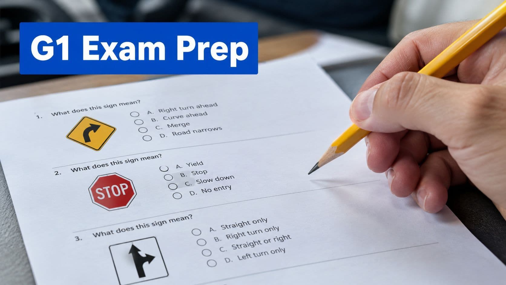 A person taking a G1 driver's license practice test with multiple-choice questions about various road signs.