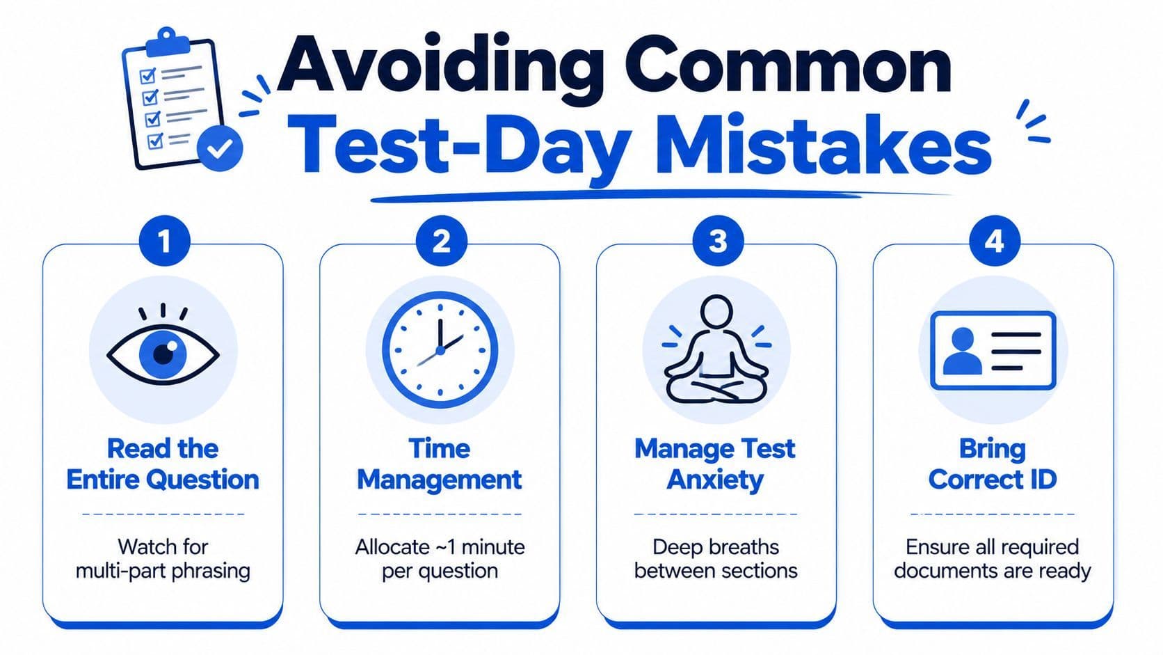 An infographic titled Avoiding Common Test-Day Mistakes listing four key tips for successful test-taking strategies.