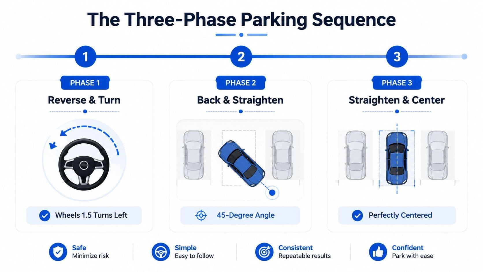 An infographic showing the three-phase sequence for successfully executing a parallel parking maneuver in a vehicle.