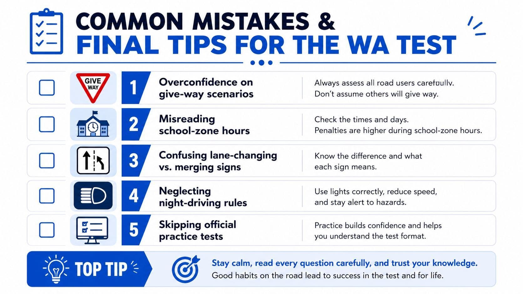 An infographic titled Common Mistakes and Final Tips for the WA Test, listing five key driving study tips.