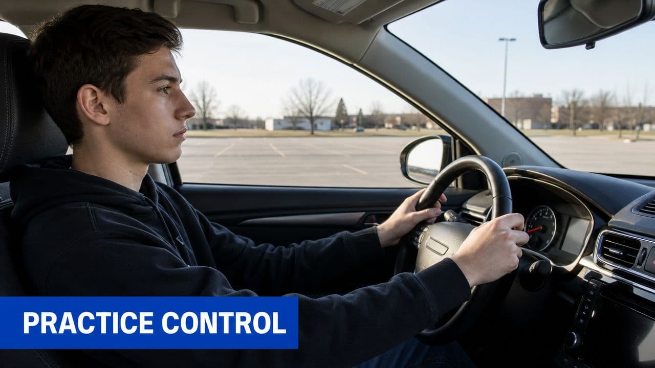 A young man sitting in the driver's seat of a car, practicing proper steering wheel grip techniques.