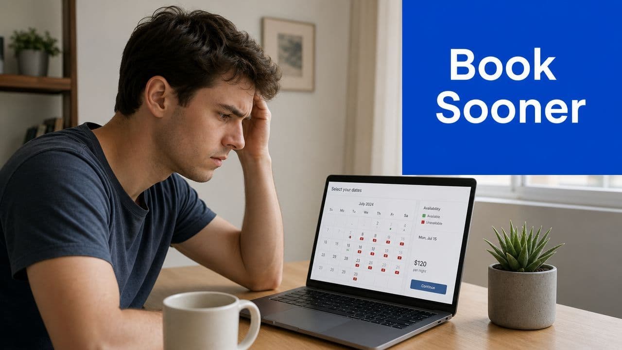 A man looking frustrated at his laptop while trying to book a travel date on a calendar.