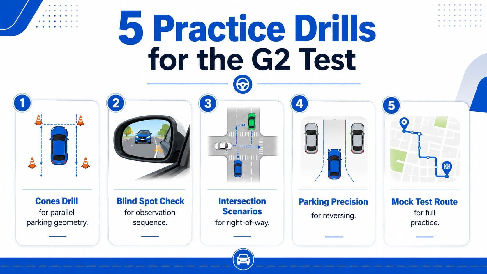 An educational infographic outlining five essential practice drills for the Ontario G2 driver's license test.