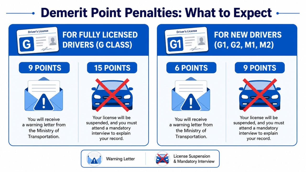 A chart detailing the demerit point penalties for fully licensed drivers versus new drivers in Ontario.